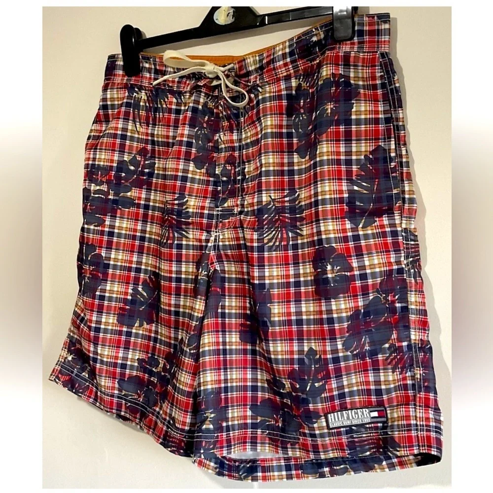VTG Tommy Hilfiger Mens Lined Board Shorts plaid with palm trees Size LARGE - Picture 8 of 10